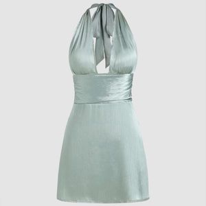 Blue Deep V Silky Mini Dress